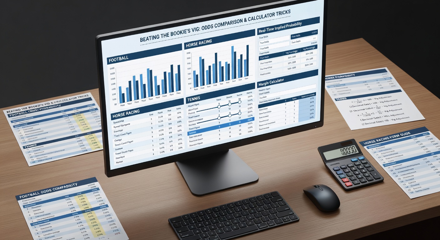 Close-up of a betting calculator interface crunching probabilities for a horse racing each-way bet, with vig breakdown and stake recommendations displayed prominently