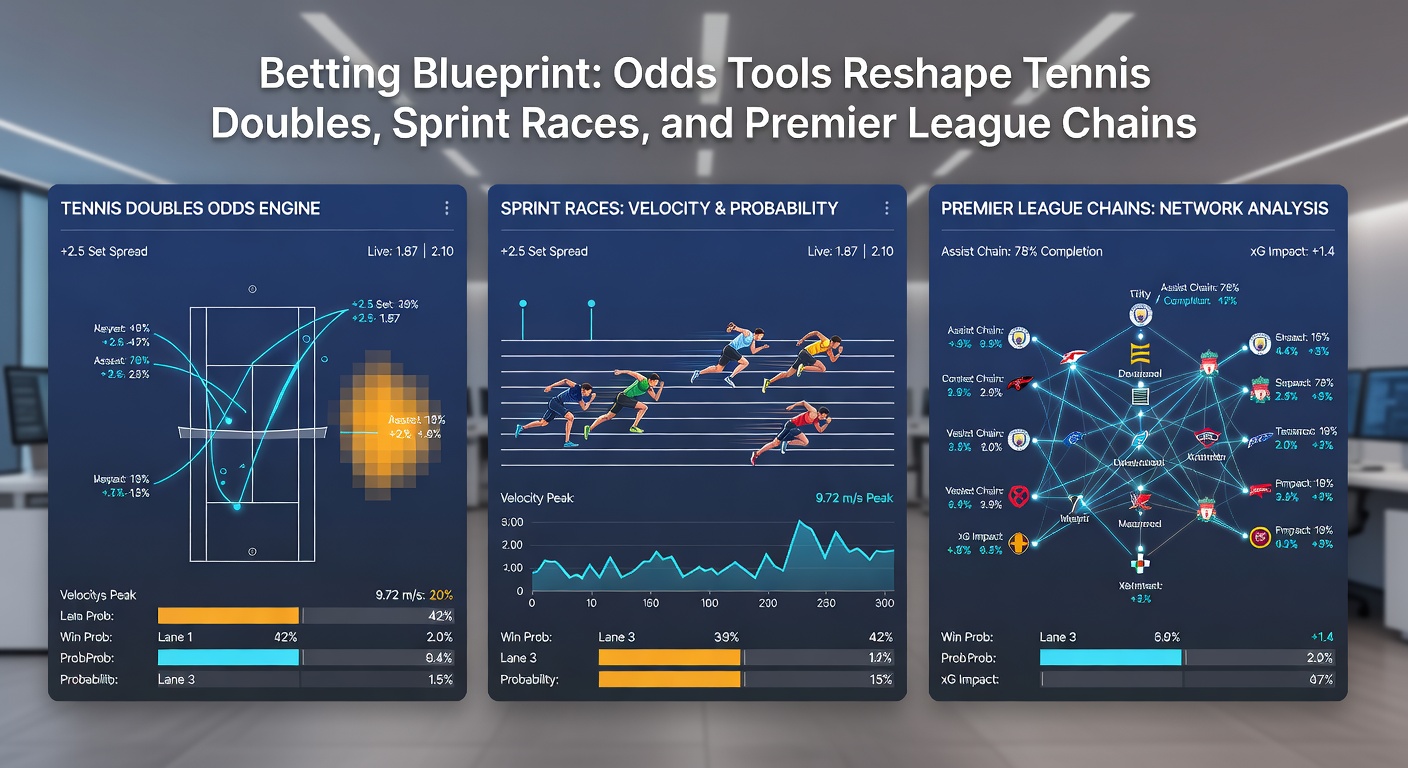 Close-up of a sprint race photo finish with overlaid odds tool graphs showing probability shifts, next to tennis doubles court action and Premier League fixture chains