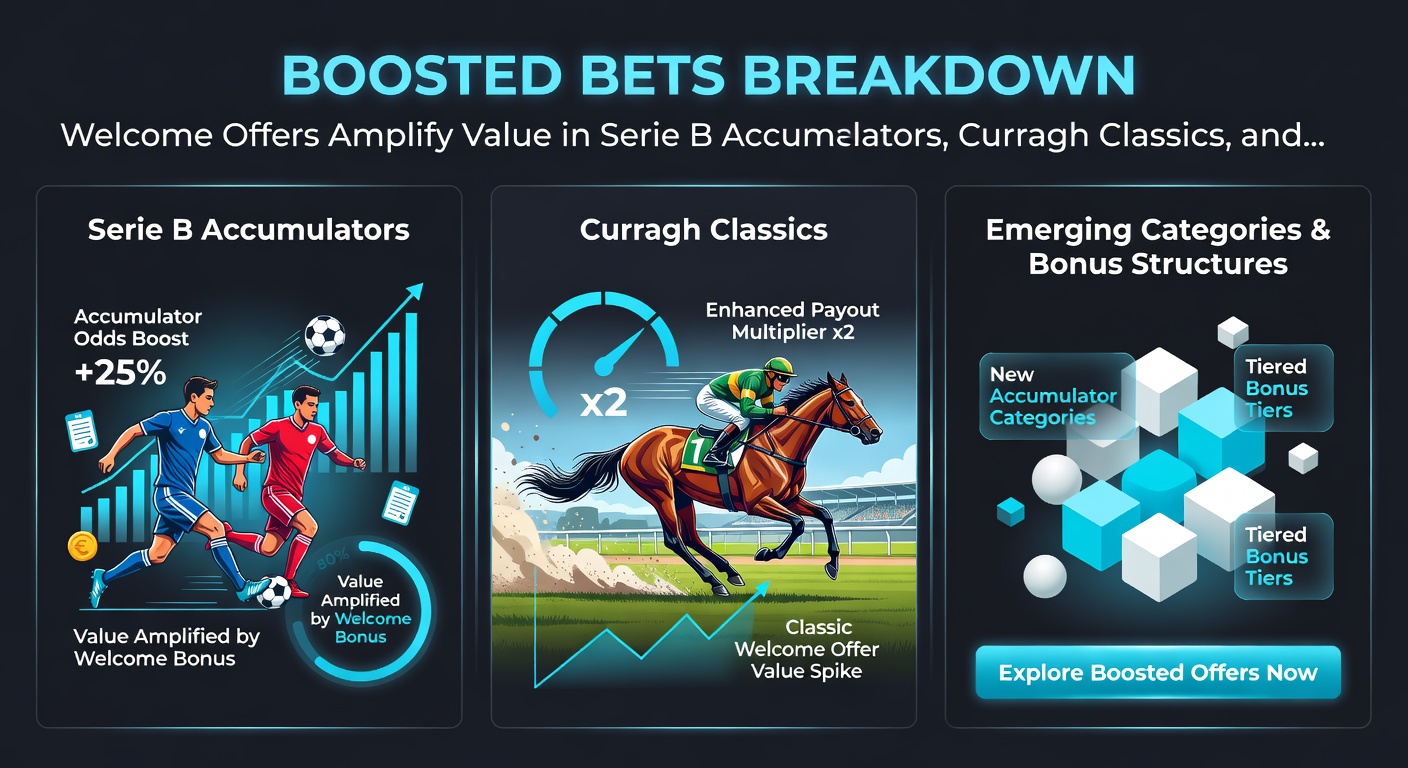 Screenshot of odds aggregator displaying boosted Serie B acca at 6.50 odds, Curragh race preview with calculator overlay, and ATP Challenger live line fluctuations
