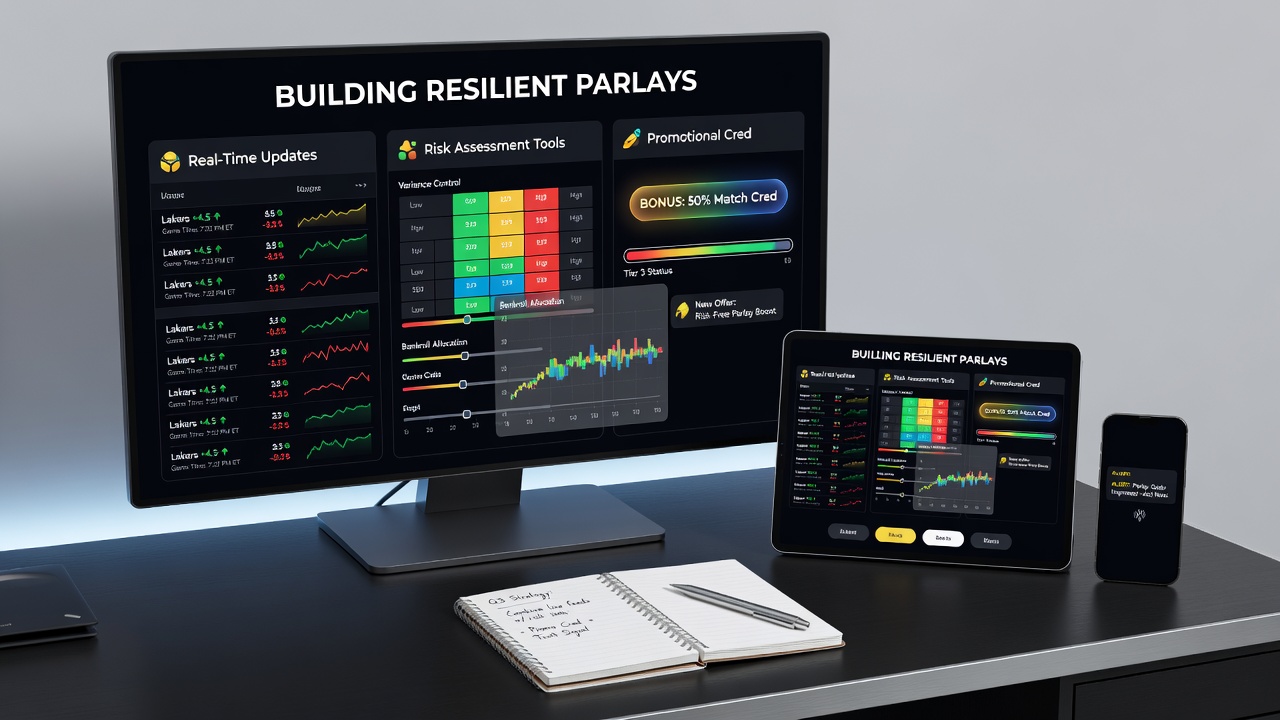 Risk assessment interface displaying parlay probability sliders alongside available promotional credit balances for soccer, racing, and tennis
