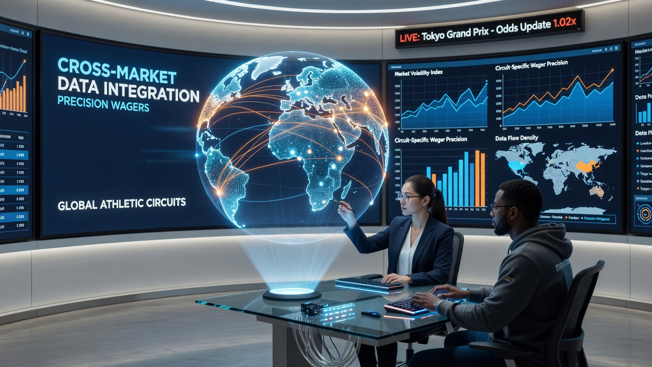 Athletes competing on global circuits with overlaid data integration dashboards for betting precision