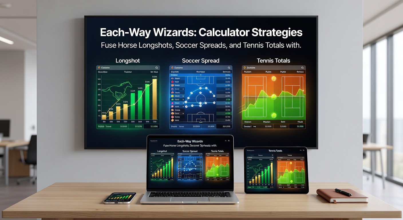 Graph overlay of a multi-market betting calculator fusing horse each-way projections, soccer handicap simulations, and tennis total over/under lines, with promo perk multipliers applied