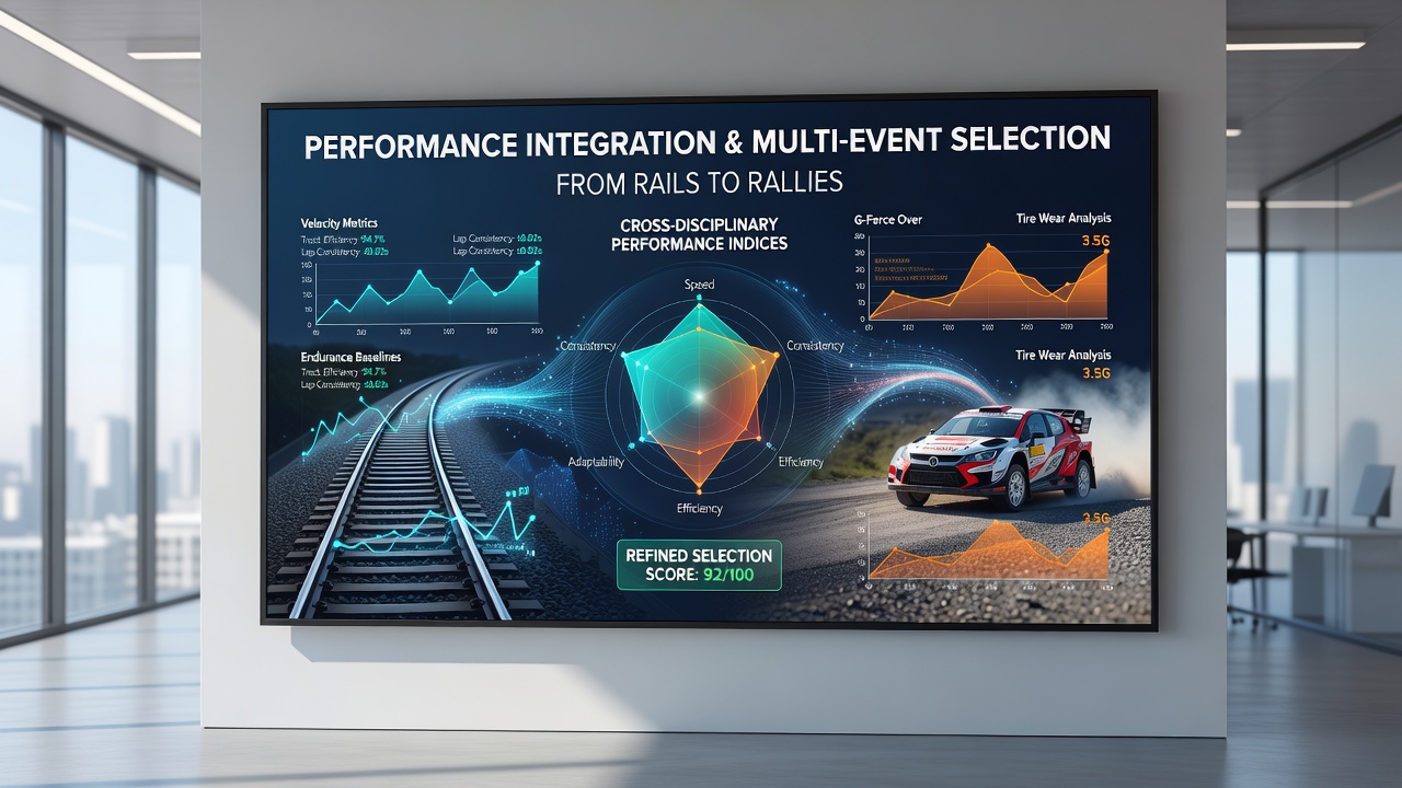 Dashboard interface displaying merged performance indices from rails and rallies with selection rankings