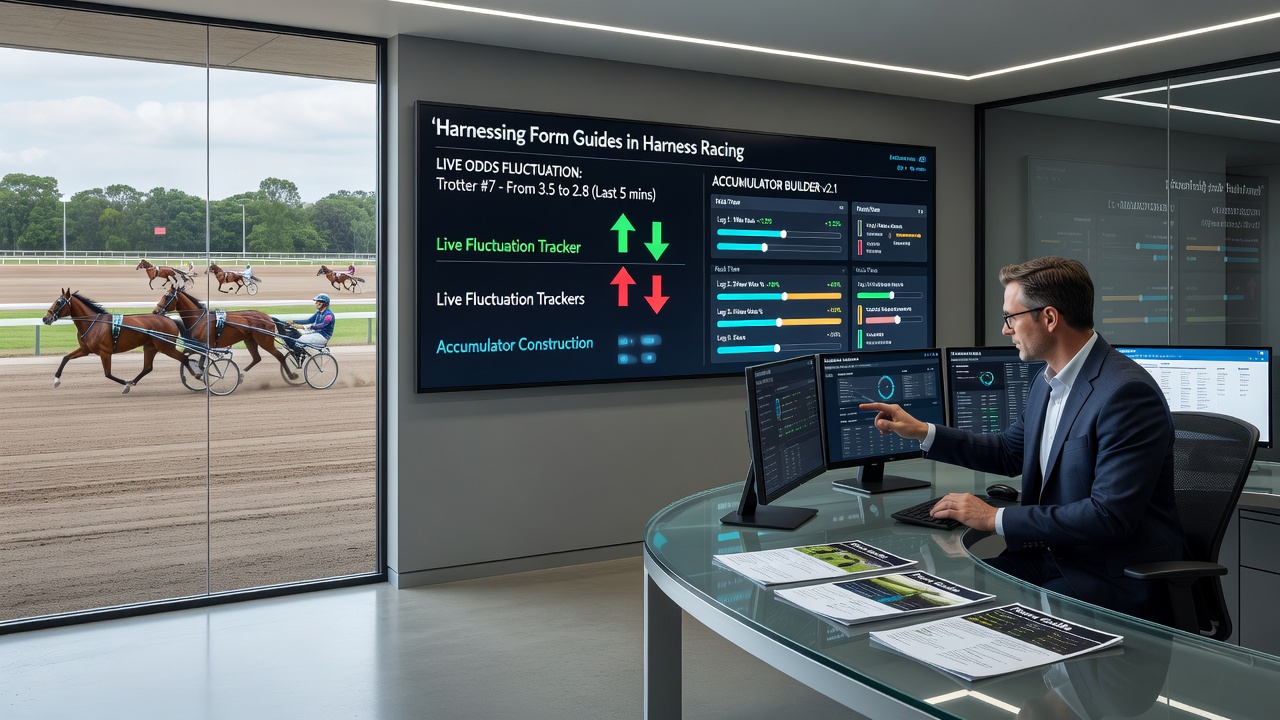 Accumulator construction interface showing harness racing selections combined with cross-sport options and live odds updates
