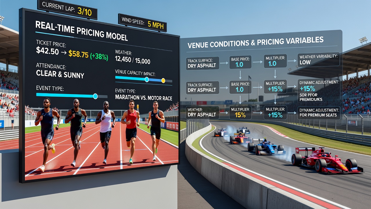 Racing circuit control room monitoring venue conditions and updating ticket prices in real time