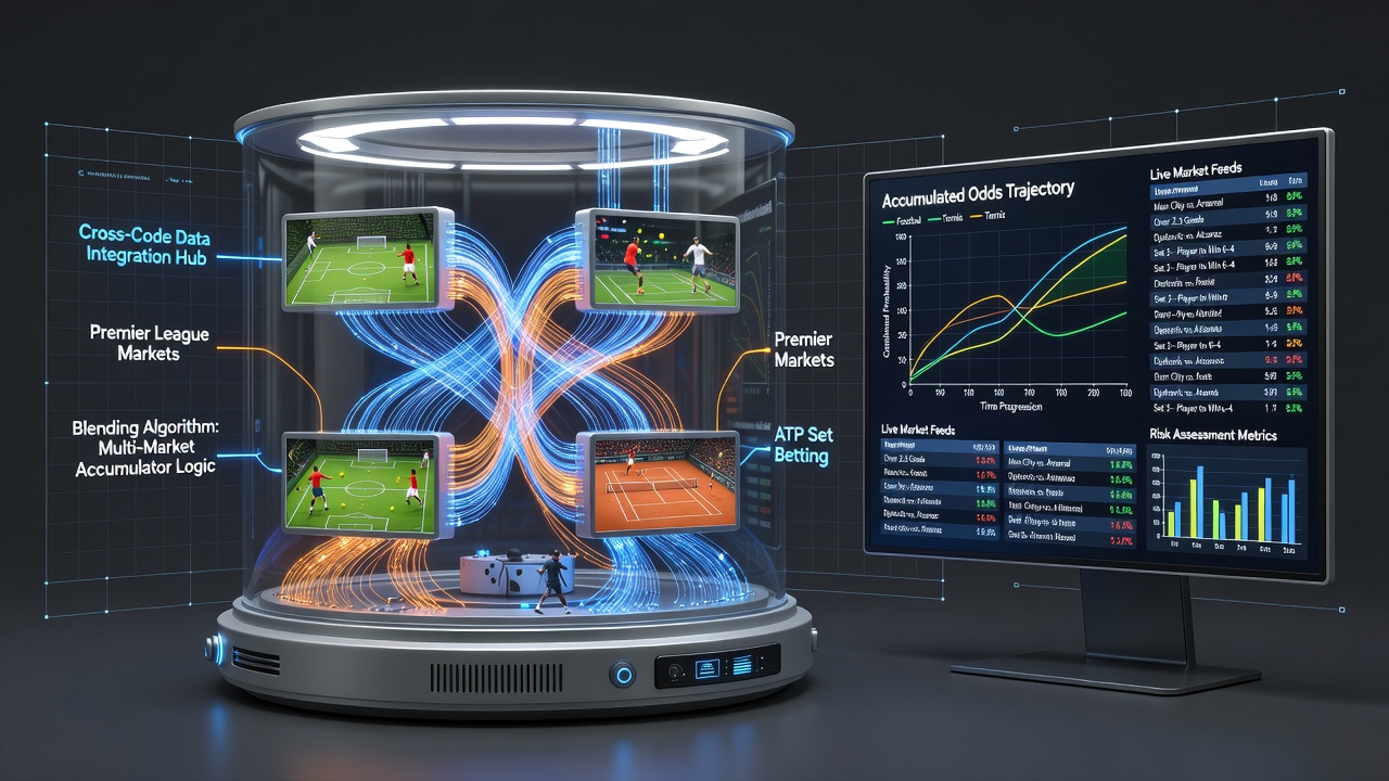 Live data dashboard displaying blended accumulator odds for football, tennis sets, and horse racing handicaps with promotional credit balance visible
