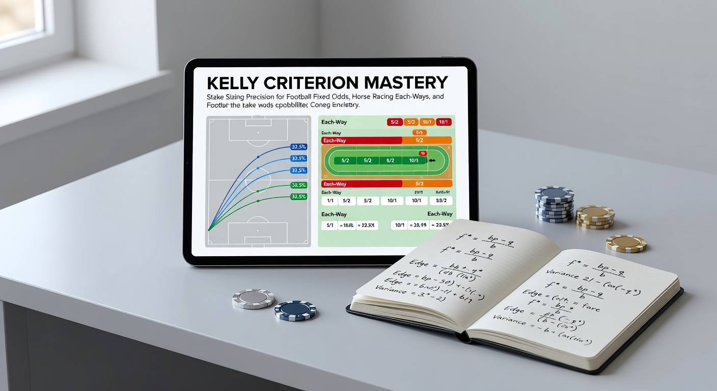 Screenshot of a Kelly Criterion calculator interface displaying inputs for odds, probabilities, and output stake recommendations for horse racing each-way bets