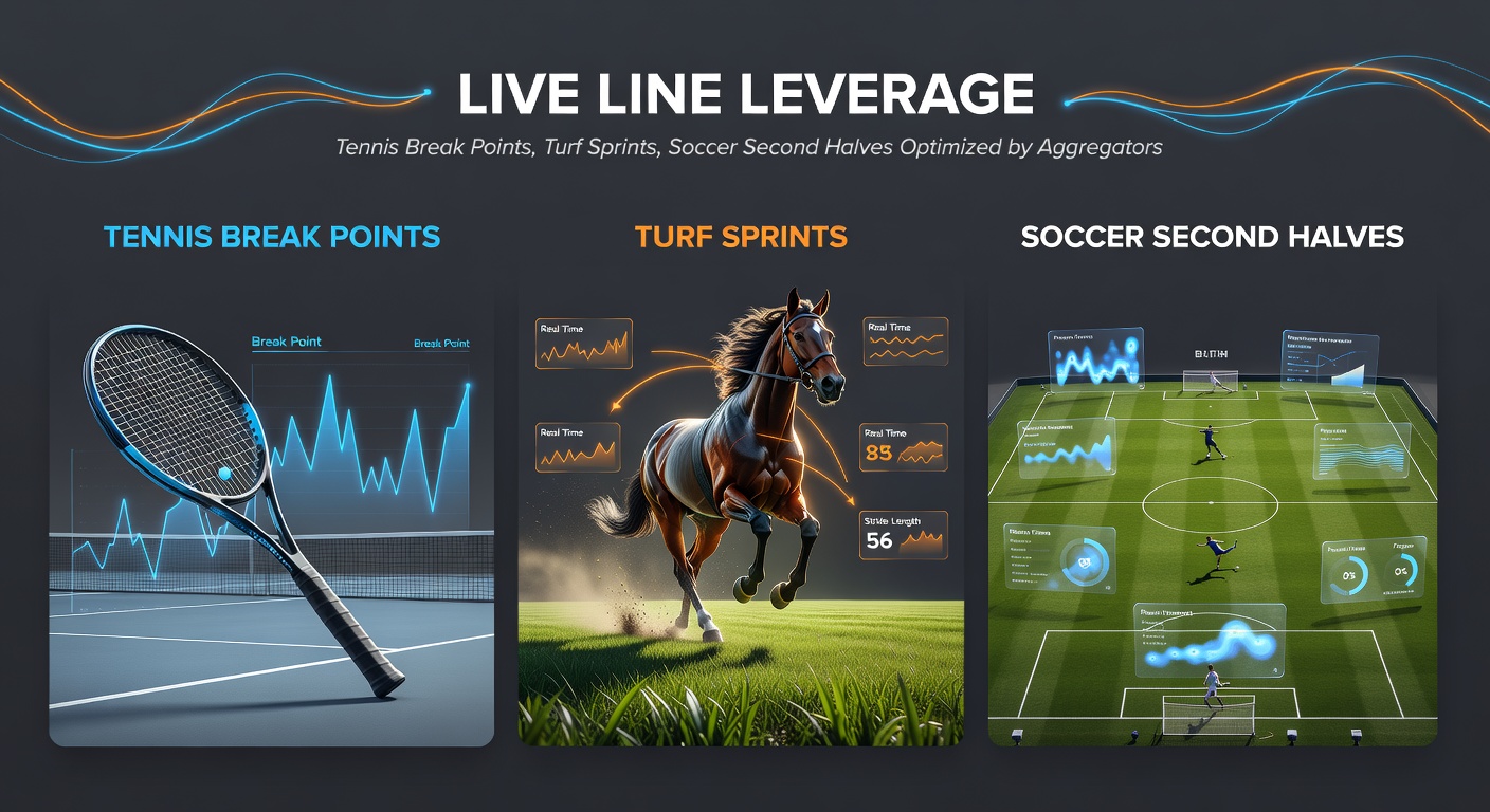 Close-up of live odds screen displaying tennis break, turf sprint, and soccer second-half lines with aggregator overlays