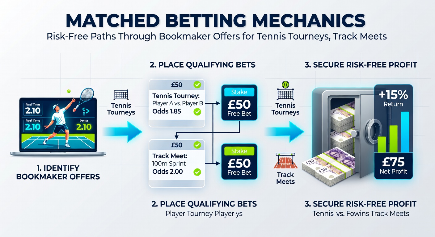Screenshot of a matched betting calculator displaying inputs for a track meet event with back odds, lay odds, and projected profit from a free bet offer