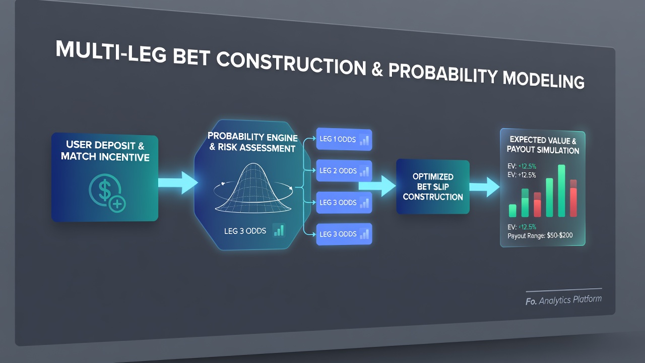 Flowchart illustrating model inputs for football goal distributions and horse racing logit outputs feeding into accumulator calculators with bonus overlays