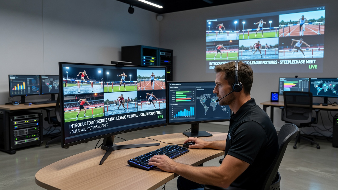 Technician monitoring projection software during a steeplechase event with overlaid credits