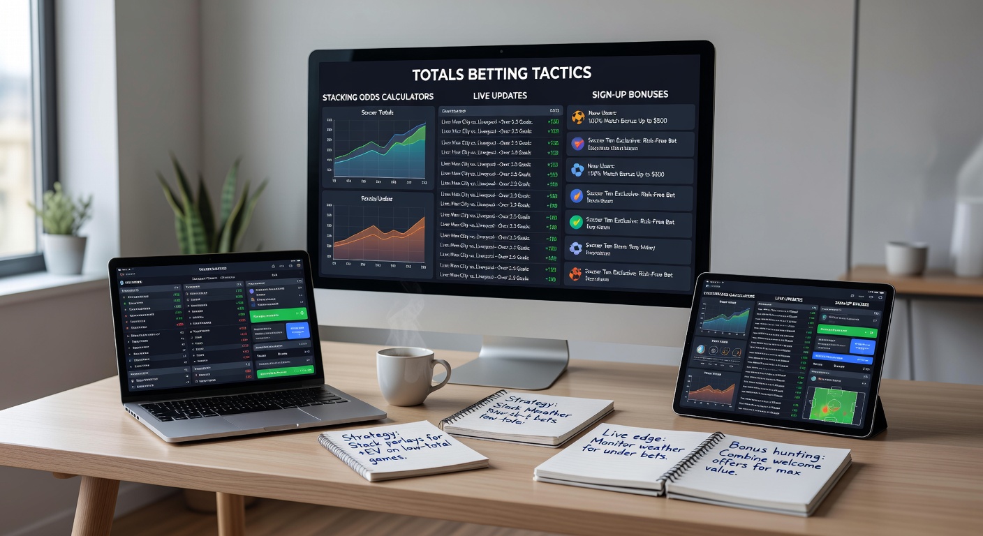 Close-up of a bettor's screen with live soccer totals fluctuating, tennis match tracker, and turf race card overlaid with calculator outputs and active bonus claims