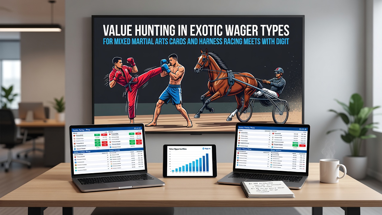 Harness racing meet with digital overlay showing probability models for exotic bets