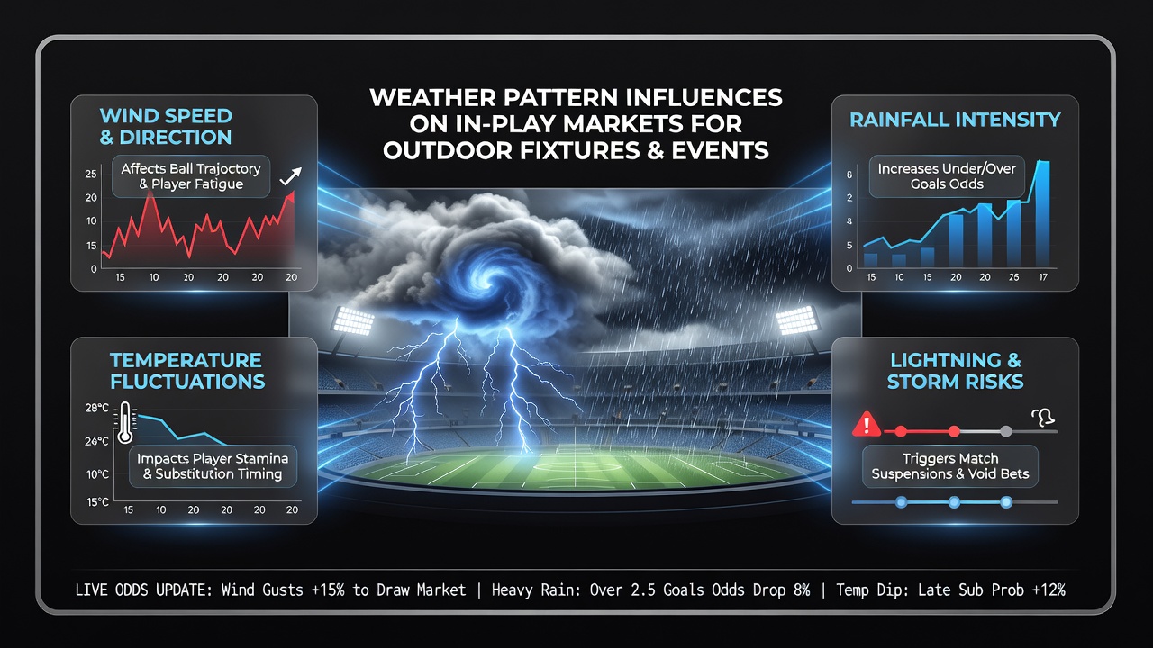 Live sports betting interface showing odds adjustments during a weather-affected outdoor event