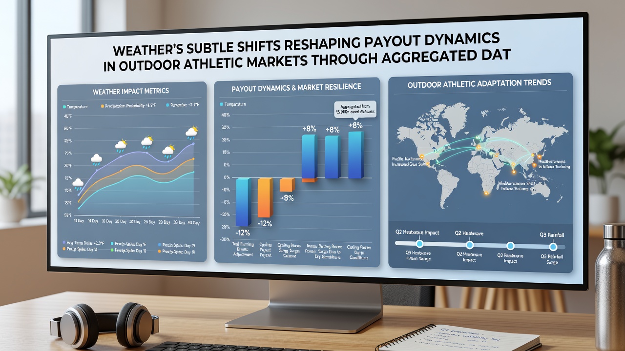 Data visualization dashboards displaying weather impacts on athletic performance and resulting market payout shifts